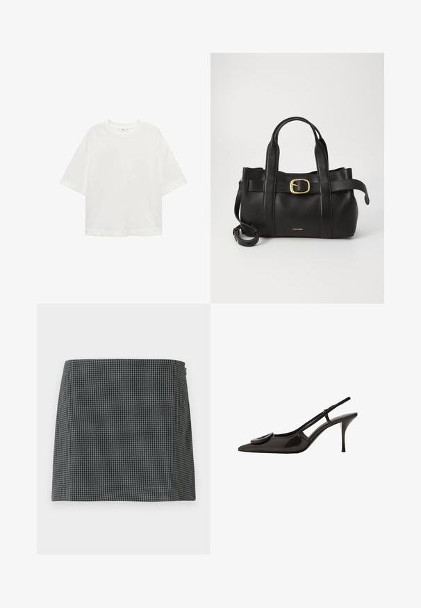 Bela kratka majica s kratkimi rokavi in okroglim izrezom, sproščenega kroja, narejena iz mehkega materiala. Brez vzorcev ali dodatkov, z običajnim robom.; Črna in bela karirana krila iz tkanine z gladko teksturo. Ima ravno silhueto in stranski zadrgo.; Črne lakirane slingback čevlje s koničastim prstom, minimalističnim dizajnom, majhnim okroglim detajlom na vampu in ozkim petam.; Črna usnjena torba s strukturirano zasnovo, dvojni zgornji ročaji, zlato-tonirni zaponka kot dodatek in vtisnjeni logotip blagovne znamke spredaj.