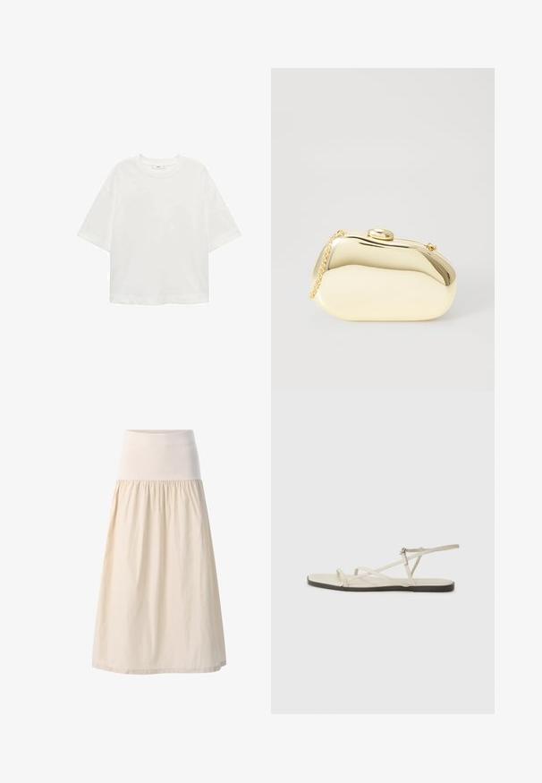 Weißes T-Shirt mit kurzen Ärmeln, Rundhals, lässiger Schnitt aus weichem Material. Keine Muster oder Akzente, mit einem Standard-Saum.; Beige, knielanger Rock mit einem breiten elastischen Bund und gerafftem, fließendem Stoff. Sanfte Textur mit einem weichen, leichten Erscheinungsbild.; Beige flache Sandale mit mehreren schlanken Riemen und einer verstellbaren Schnalle. Die Sohle ist flach und hat einen leichten dunklen Kontrast am Rand.; Metallisch goldene Clutch mit einer glatten, abgerundeten Form, ausgestattet mit einem oberen Druckknopfverschluss und einem kleinen Kettenriemen zum Tragen.