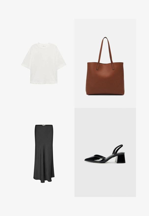 T-shirt bianco a maniche corte con scollo rotondo, vestibilità comoda, realizzato in un tessuto morbido. Senza fantasie o dettagli, con orlo standard.; Gonna nera midi in tessuto liscio, con design a-line fluido, colore solido e una leggera texture su tutta la superficie.; Décolleté in vernice nera con punta affusolata e tacco in geometria cubica. Presentano un design elegante e minimalista, con una texture liscia.; Borsa tote in pelle marrone con texture liscia, design con apertura superiore e due spallacci. Presenta cuciture minime e nessun hardware visibile.