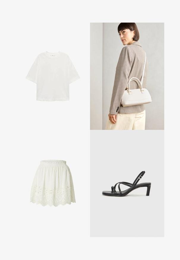 Witte korte mouwen t-shirt met een ronde hals, relaxed fit, gemaakt van zachte stof. Geen patronen of accenten, met een standaard zoom.; Witte katoenen rok met een geraffineerde tailleband, met ingewikkelde geborduurde uitsparingen langs de zoom in een geschulpte patroon.; Zwarte sandaal met bandjes, vierkante teen en een lage blokhak. Voorzien van meerdere dunne bandjes en een verstelbare enkelband. Gemaakt van zacht leer.; Witte gestructureerde handtas met korte handvatten en een schouderband, voorzien van gouden hardwareaccenten en een textuurmateriaal, tentoongesteld tegen een grijze achtergrond.