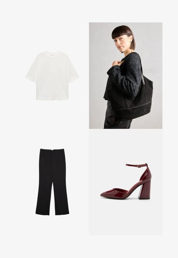 Weißes T-Shirt mit kurzen Ärmeln, Rundhals, lässiger Schnitt aus weichem Material. Keine Muster oder Akzente, mit einem Standard-Saum.; Schwarze Hose mit geradem Schnitt, ausgestattet mit Fronttaschen und Seitenschlitzen am Saum. Hergestellt aus weichem, glattem Stoff. Geeignet für verschiedene Anlässe.; Burgunderrote Lackleder-Pumps mit Absatz, spitz zulaufender Zehenpartie, Knöchelriemen und blockartigem Absatz. Glatte Textur und elegantes Design.; Schwarze Wildleder-Tote-Tasche mit glatter Textur, strukturiertem Design und kontrastierenden Nähten. Verfügt über lange Träger zum Tragen über der Schulter.