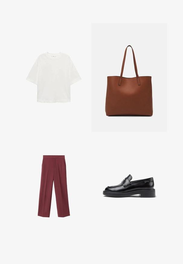 White short-sleeve t-shirt with a round neck, relaxed fit, made of soft fabric. No patterns or accents, featuring a standard hemline.; Maroon wide-leg trousers with a smooth texture, featuring side pockets and a high waist design. Tailored with a clean front crease.; Black leather loafers with a rounded toe, featuring a stitched design and a chunky rubber sole. Accented with a decorative strap.; Brown leather tote bag with a smooth texture, open top design, and two shoulder straps. Features minimal stitching and no visible hardware.