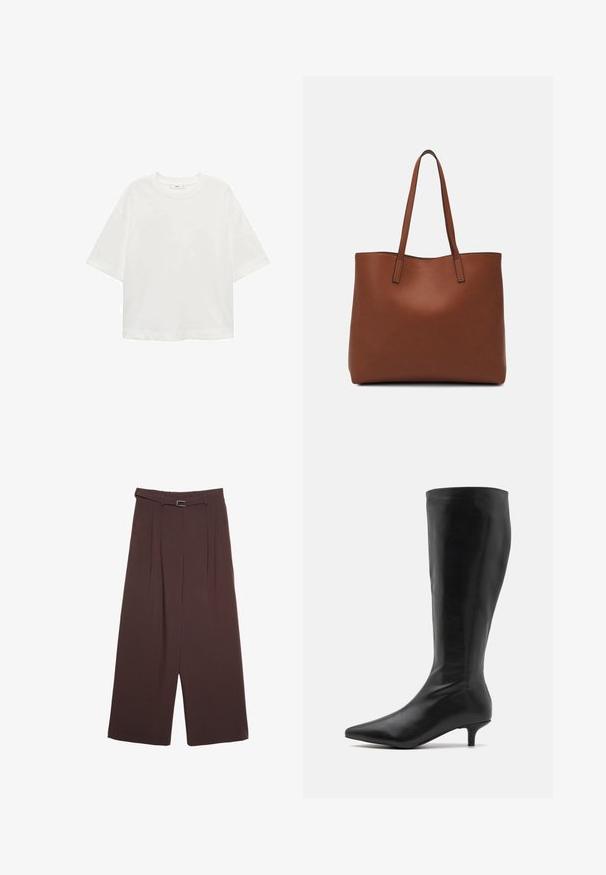 Bijela majica kratkih rukava s okruglim izrezom, ležernog kroja, izrađena od mekanog materijala. Bez uzoraka ili dodataka, s klasičnom rubnom završetkom.; Stradivarius WIDE-LEG WITH BUCKLE DETAIL  - Hlače - dark brown; RAID ALPINE - Čizme - black; Smeđa kožna torba preko ramena s glatkom teksturom, otvorenim vrhom i dvjema naramenicama. Ima minimalne šavove i nema vidljivog hardvera.