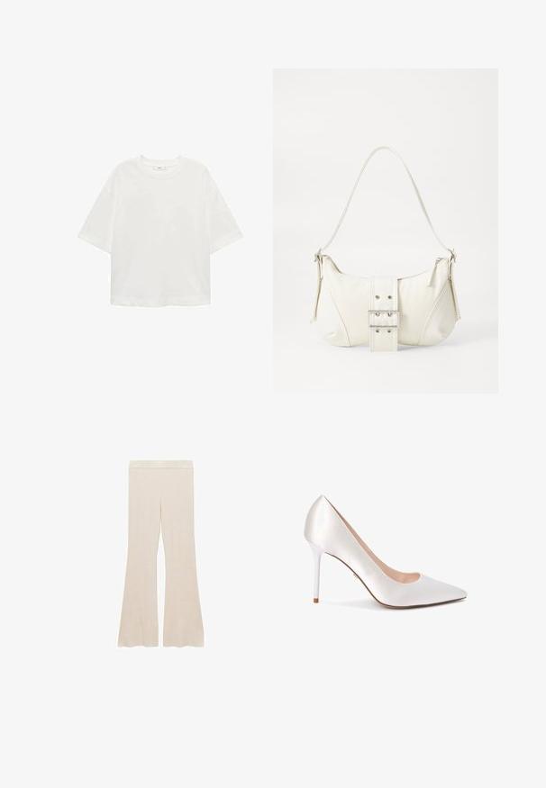 Biela krátkorpávová tričko s okrúhlym výstrihom, vo voľnom strihu, vyrobené z mäkkého materiálu. Bez vzorov a akcentov, so štandardným lemom.; Krémové rebrované rozšírené nohavice s hladkým pásom a textúrovaným povrchom, navrhnuté pre pohodlné nosenie.; Lodičkové topánky na vysokom podpätku s uzatvorenou špicou vyrobené z bieleho saténu, s elegantným siluetou a lesklým bielym ihlovým podpätkom.; Biela taška cez rameno s textúrovaným povrchom, centrálnou prackou a zakriveným tvarom. Zipsy na oboch stranách.