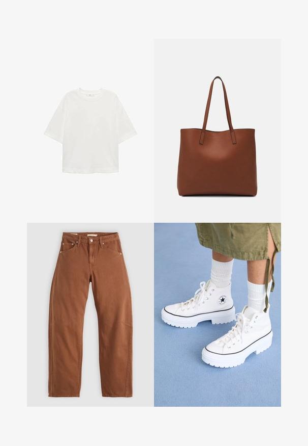 Bílé tričko s krátkým rukávem a kulatým výstřihem, volný střih, vyrobené z měkkého materiálu. Bez vzorů nebo akcentů, s klasickým lemem.; Hnědé rovné džíny barvy rezavé s předními a zadními kapsami, kovovými nýty, zapínáním na knoflík a poutky na opasek, ležící rozložené na bílé pozadí.; Bílé vysoké tenisky s texturovaným plátěným svrškem, gumovou špičkou a silnou bílou platformou. Obsahují černé akcenty a okénka.; Hnědá kožená taška přes rameno s hladkou texturou, otevřeným designem a dvěma ramenními popruhy. Obsahuje minimální švy a žádné viditelné kovové prvky.
