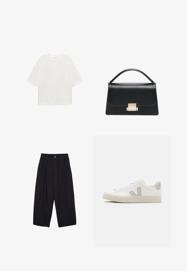 Bela kratka majica s kratkimi rokavi in okroglim izrezom, sproščenega kroja, narejena iz mehkega materiala. Brez vzorcev ali dodatkov, z običajnim robom.; Črne poliesterske culotte hlače z elastičnim pasom, dvema sprednjima nabiranjema in ohlapnim krojem. Brez vidnih vzorcev ali kovinskih detajlov.; Bela usnjena športna obutev z sivo V logotipom, strukturiran gumijast podplat, bele vezalke ter oblazinjeni jezik in ovratnik.; Črna usnjena torbica z strukturiranim dizajnom, zgornjim ročajem in zlate kovinske sponke na sprednji strani. Gladka tekstura, minimalno šivanje.