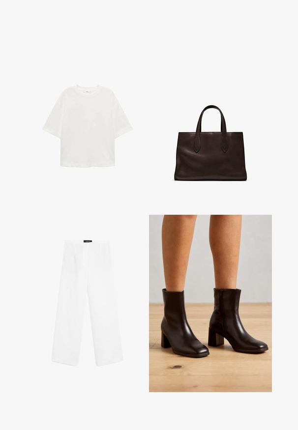 T-shirt bianco a maniche corte con scollo rotondo, vestibilità comoda, realizzato in un tessuto morbido. Senza fantasie o dettagli, con orlo standard.; Pantaloni bianchi in lino a gamba larga con una texture liscia, caratterizzati da una vita media, due tasche frontali e un design semplice.; Stivaletti in pelle nera con punta quadrata e cerniera laterale, dotati di un tacco a blocco stabile e una texture liscia su un pavimento di legno.; Borsa a spalla in pelle marrone con due manici lunghi, forma rettangolare strutturata, texture liscia e dettagli di cucitura sottili.
