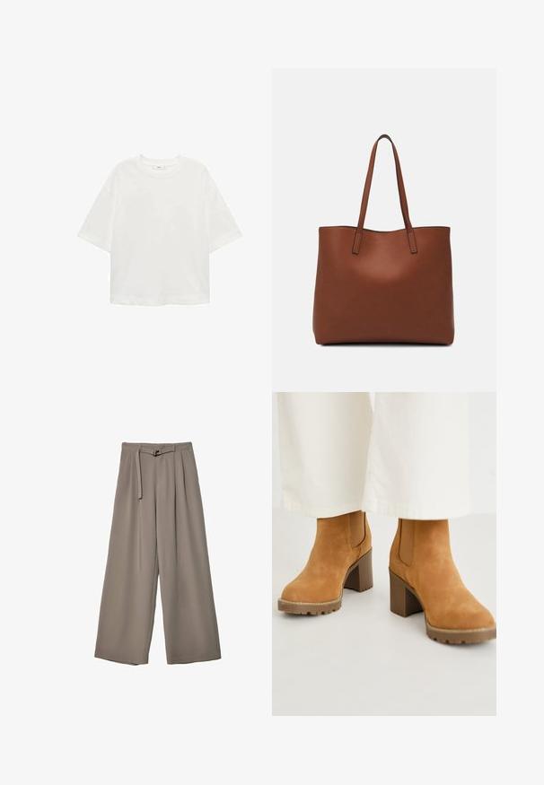 Bijela majica kratkih rukava s okruglim izrezom, ležernog kroja, izrađena od mekanog materijala. Bez uzoraka ili dodataka, s klasičnom rubnom završetkom.; Široke hlače u mekoj, prigušenoj sivoj tkanini, s remenom na struku i plisiranim detaljima za dodatni dizajn. Glatka tekstura, bez uzoraka.; Smeđi nubuk gležnjači s masivnim blok-petom, s elastičnim bočnim panelima i čvrstim potplatom za prianjanje. Tekstura gornjeg dijela s detaljima šivanja.; Smeđa kožna torba preko ramena s glatkom teksturom, otvorenim vrhom i dvjema naramenicama. Ima minimalne šavove i nema vidljivog hardvera.