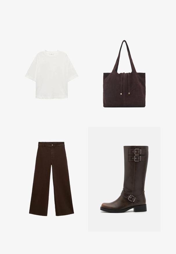 Bela kratka majica s kratkimi rokavi in okroglim izrezom, sproščenega kroja, narejena iz mehkega materiala. Brez vzorcev ali dodatkov, z običajnim robom.; Rjave široke hlače iz mešanice bombaža, z raztrganim robom, sprednjim gumbom in klasičnim dizajnom s petimi žepi. Minimalistične in vsestranske.; Even&Odd Škornji v kavbojskem/motorističnem slogu - brown; Mango Torba za nakupovanje - dark brown