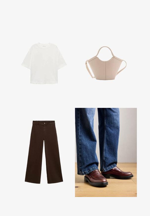 Bela kratka majica s kratkimi rokavi in okroglim izrezom, sproščenega kroja, narejena iz mehkega materiala. Brez vzorcev ali dodatkov, z običajnim robom.; Rjave široke hlače iz mešanice bombaža, z raztrganim robom, sprednjim gumbom in klasičnim dizajnom s petimi žepi. Minimalistične in vsestranske.; Oseba v rjavih usnjenih loafersih in modrih kavbojkah stoji na lesenem tleh pred nevtralnim ozadjem.; Bežna usnjena torbica edinstvene oblike, z dvema kratkima ročajema in dolgim nastavljivim trakom. Gladka tekstura z minimalno kovinsko opremo.