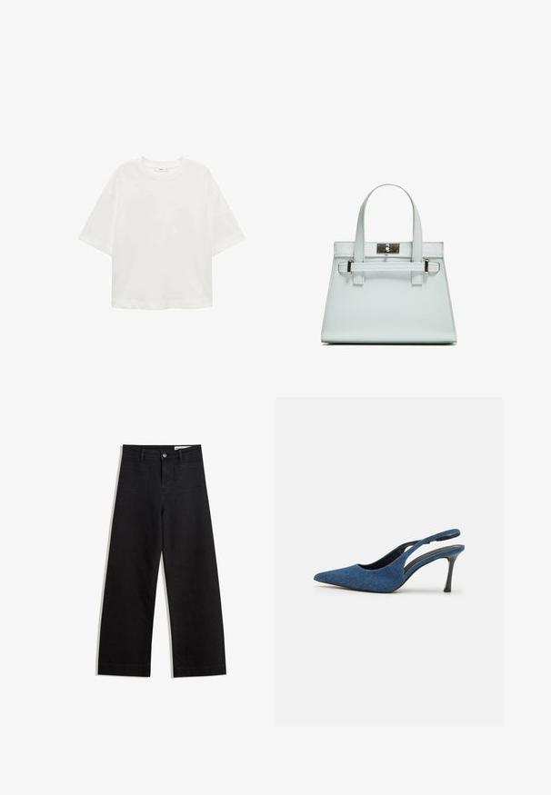 Tricou alb cu mânecă scurtă, guler rotund, croială lejeră, fabricat dintr-un material moale. Fără modele sau accente, având o linie de tiv standard.; Pantaloni din denim negri cu picioare largi, cu talie înaltă, având buzunare frontale și posterioare, cusături dublate și închidere cu nasture. Textură netedă.; Sandale cu toc slingback din denim albastru, cu vârf ascuțit, având un toc subțire negru și un superior din țesătură texturată. Design cu spate deschis.; Geantă de mână de culoare albastru deschis, cu un design structurat, două mânere și o clapetă din metal cu ton argintiu. Material texturat și colțuri ascuțite.
