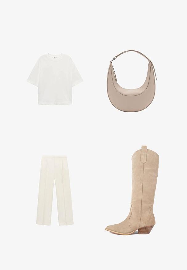 Bijela majica kratkih rukava s okruglim izrezom, ležernog kroja, izrađena od mekanog materijala. Bez uzoraka ili dodataka, s klasičnom rubnom završetkom.; Hlače širokog kroja u svijetloj krem boji. Izrađene su od glatkog materijala s plisama sprijeda i bočnim džepovima.; Biserna nubuk cowboy čizme s šiljastim vrhom, dekorativnim šavovima i složenim drvenim potplatom. Visina doseže do sredine lista.; Bež kožna torba za rame u obliku polumjeseca, glatke teksture i s jednim zakrivljenim ručkom. Sadrži zatvor na zip i uredno šivenje.
