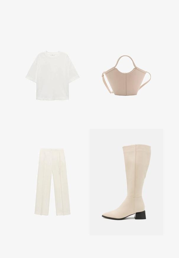T-shirt bianco a maniche corte con scollo rotondo, vestibilità comoda, realizzato in un tessuto morbido. Senza fantasie o dettagli, con orlo standard.; Pantaloni a gamba larga di un leggero colore crema. Realizzati in un tessuto morbido con pieghe sul davanti e tasche laterali.; RAID ATTICO - Stivali alti - cream; Borsa in pelle beige con una forma unica, caratterizzata da due manici corti e una lunga tracolla regolabile. Texture liscia con hardware minimale.