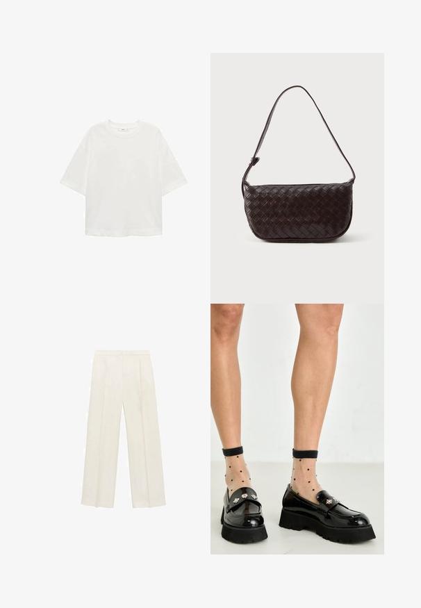 Bílé tričko s krátkým rukávem a kulatým výstřihem, volný střih, vyrobené z měkkého materiálu. Bez vzorů nebo akcentů, s klasickým lemem.; Kalhoty s širokými nohavicemi v světle krémové barvě. Vyrobené z hladké tkaniny s záhyby vpředu a bočními kapsami.; Černé lakované kožené mokasíny s masivní podrážkou, zdobené stříbrnou aplikací. V kombinaci s průhlednými ponožkami s puntíky.; Tkaná kožená taška přes rameno ve tmavě hnědé barvě s prohnutým tvarem, nastavitelným popruhem a hladkým povrchem. Kompaktní design bez viditelného kování.