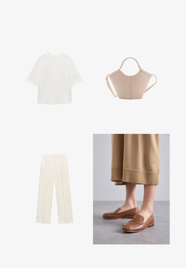 Bílé tričko s krátkým rukávem a kulatým výstřihem, volný střih, vyrobené z měkkého materiálu. Bez vzorů nebo akcentů, s klasickým lemem.; Kalhoty s širokými nohavicemi v světle krémové barvě. Vyrobené z hladké tkaniny s záhyby vpředu a bočními kapsami.; MICHAEL Michael Kors CARLSON LOAFER - Polobotky - brown; Beige kožená kabelka s jedinečným tvarem, vybavená dvěma krátkými uchy a dlouhým nastavitelným popruhem. Hladká textura s minimem kovových doplňků.