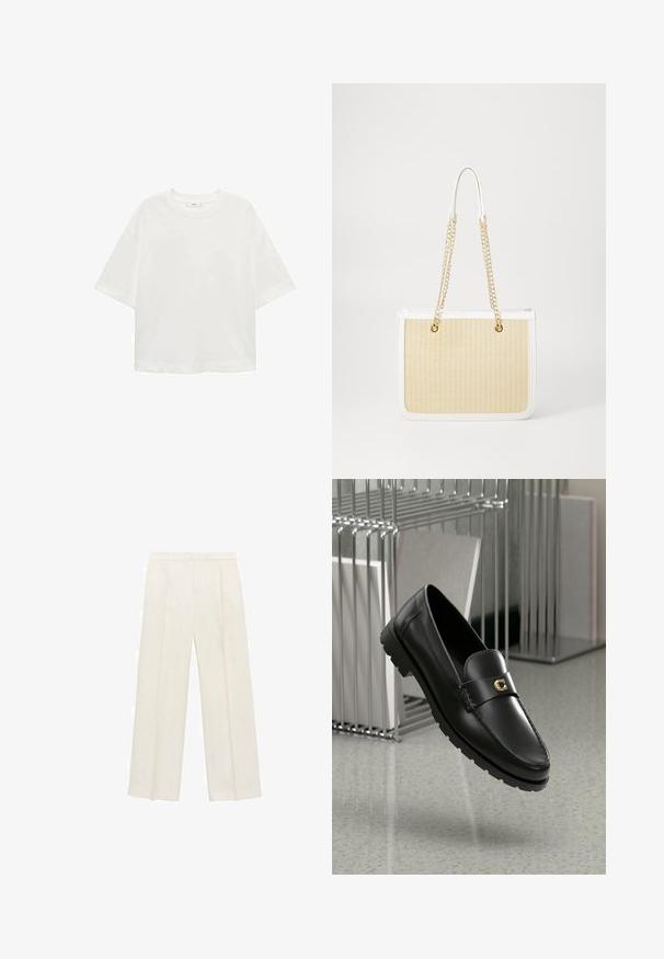 Bílé tričko s krátkým rukávem a kulatým výstřihem, volný střih, vyrobené z měkkého materiálu. Bez vzorů nebo akcentů, s klasickým lemem.; Kalhoty s širokými nohavicemi v světle krémové barvě. Vyrobené z hladké tkaniny s záhyby vpředu a bočními kapsami.; Černé kožené mokasíny s vyvýšeným švem, zlatým akcentovým logem a texturovaným páskem. Mají silnou, odolnou gumovou podrážku.; Béžová tkaná slaměná taška s bílými koženými detaily, dvojitými zlatými řetízkovými uchy a obdélníkovým tvarem. Povrch má strukturovaný vzor.