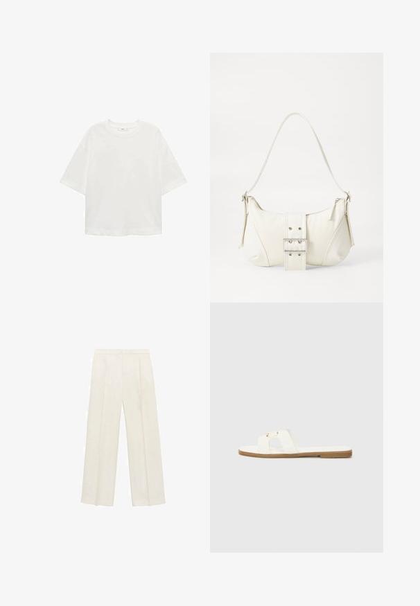Tricou alb cu mânecă scurtă, guler rotund, croială lejeră, fabricat dintr-un material moale. Fără modele sau accente, având o linie de tiv standard.; Pantaloni cu picioare largi, de culoare crem deschis. Realizați dintr-un material neted, cu plisuri în față și buzunare laterale.; Sandale plate albe, cu un design minimalist, având două curele încrucișate și accente din metal de culoare aurie pe o talpă maro.; Geantă albă de umăr cu un finisaj texturat, un accent cu cataramă centrală și o formă curbată. Încărcătoare cu fermoar pe ambele laturi.