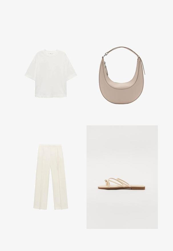 Bijela majica kratkih rukava s okruglim izrezom, ležernog kroja, izrađena od mekanog materijala. Bez uzoraka ili dodataka, s klasičnom rubnom završetkom.; Hlače širokog kroja u svijetloj krem boji. Izrađene su od glatkog materijala s plisama sprijeda i bočnim džepovima.; Bež ravne sandale s tri tanke trake i malim zaobljenim zlatnim detaljem. Glatki materijal s minimalističkim dizajnom i smešnim đonom.; Bež kožna torba za rame u obliku polumjeseca, glatke teksture i s jednim zakrivljenim ručkom. Sadrži zatvor na zip i uredno šivenje.