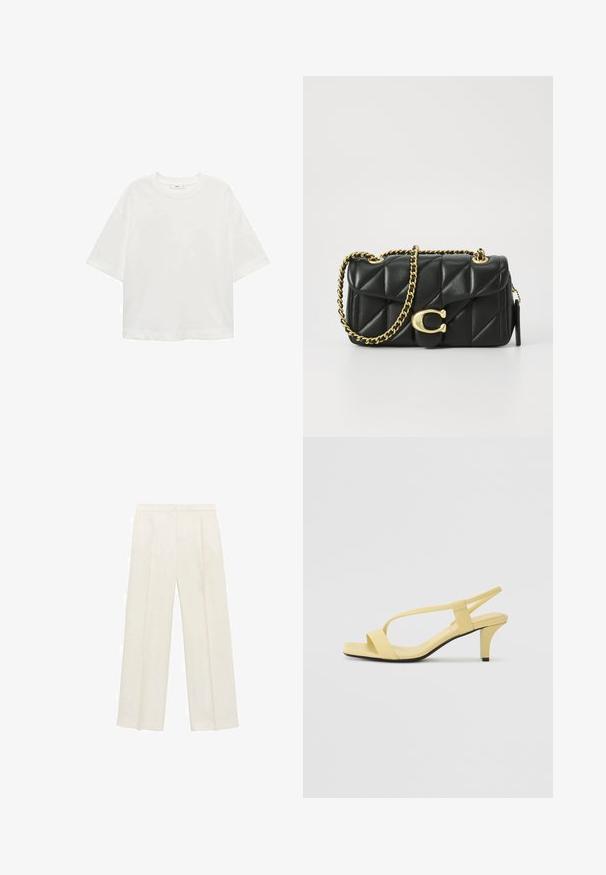 Tricou alb cu mânecă scurtă, guler rotund, croială lejeră, fabricat dintr-un material moale. Fără modele sau accente, având o linie de tiv standard.; Pantaloni cu picioare largi, de culoare crem deschis. Realizați dintr-un material neted, cu plisuri în față și buzunare laterale.; Sandale cu toc din piele galbenă, cu vârf pătrat deschis, bretele subțiri și toc conic. Textură netedă și design minimalist.; Poșeta neagră din piele matlasată cu o curea din lanț auriu și un închizător cu toggle care are un accent circular. Formă compactă și rectangulară.
