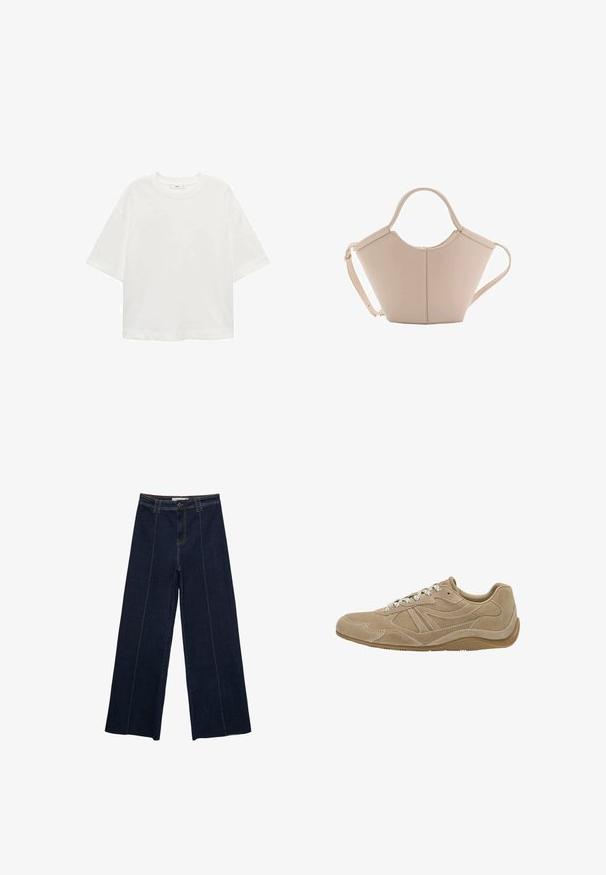 Weißes T-Shirt mit kurzen Ärmeln, Rundhals, lässiger Schnitt aus weichem Material. Keine Muster oder Akzente, mit einem Standard-Saum.; Weite dunkle Jeanshose mit Kontrastnähten, hoher Taille und geradem Schnitt. Verfügt über Fronttaschen und einen klassischen Knopfverschluss.; Beige Wildledersneaker mit niedrigem Profil, strukturierten Oberflächen und weißen Schnürsenkeln. Verfügt über ein geschwungenes Design und eine Gummisohle für guten Halt.; Beige Lederhandtasche mit einer einzigartigen Form, die zwei kurze Henkel und einen langen verstellbaren Riemen aufweist. Glatte Textur mit minimalen Hardware-Elementen.