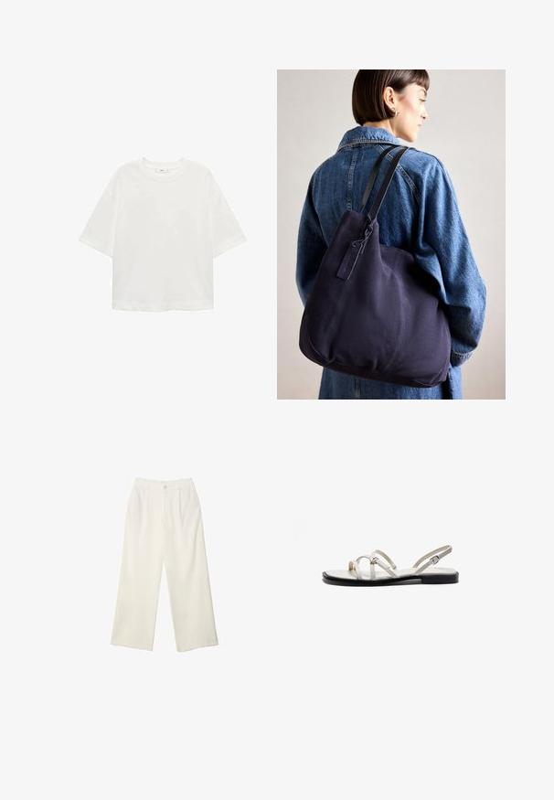 Bílé tričko s krátkým rukávem a kulatým výstřihem, volný střih, vyrobené z měkkého materiálu. Bez vzorů nebo akcentů, s klasickým lemem.; Široké kalhoty z krémové látky s hladkým povrchem, s jediným předním knoflíkem, jemnými skladbami a vysokým pasem.; Ploché sandály s tenkými kovovými pásky, světlou krémovou svrškovou částí a černou podrážkou. Nastavitelný spona na pásku kolem kotníku.; Námornícká plátenná taška přes rameno s měkkým, strukturovaným tvarem, vybavená černým popruhem, prošívanými detaily a malou značkovou visačkou.