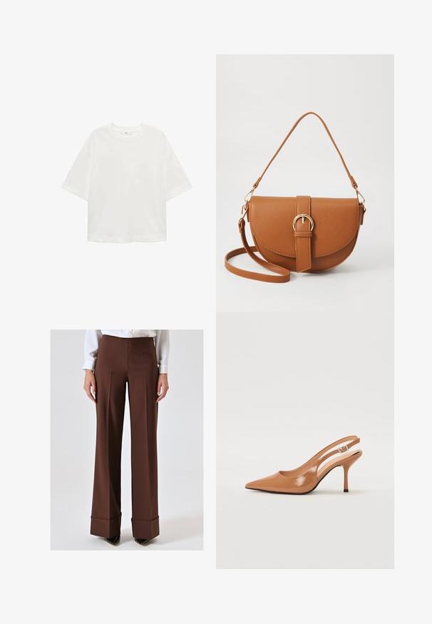 Witte korte mouwen t-shirt met een ronde hals, relaxed fit, gemaakt van zachte stof. Geen patronen of accenten, met een standaard zoom.; Bruine wijde broek van soepel materiaal, met een hoge taille, voorplooien en omgeslagen manchetten. Draagt met een witte blouse en zwarte schoenen.; Puntige slingback hak in een glad, glanzend beige materiaal. Bevat een gebogen uitsnijdontwerp en een slanke stiletto hak. Zilveren gesp detail.; Bruine leren schoudertas met een gebogen vorm, gouden hardware en een gespaccent. Bevat een afneembare schouderriem.