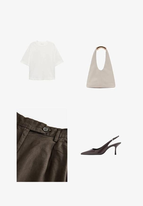 Bílé tričko s krátkým rukávem a kulatým výstřihem, volný střih, vyrobené z měkkého materiálu. Bez vzorů nebo akcentů, s klasickým lemem.; Hnědé lněné kalhoty s knoflíkovým zapínáním, sklady na přední straně a strukturovanou tkaninou. Pas je pevně sešitý s viditelným stehem.; Slaměné lodičky s špičatou špičkou v tmavě hnědé lakované kůži, s úzkým vysokým podpatkem a nastavitelním zápěstním páskem se sponou.; Světlá šedá kožená taška s U-tvarovaným designem a zakřivenou kovovou rukojetí. Hladký povrch s minimálním šitím a bez viditelných vzorů.