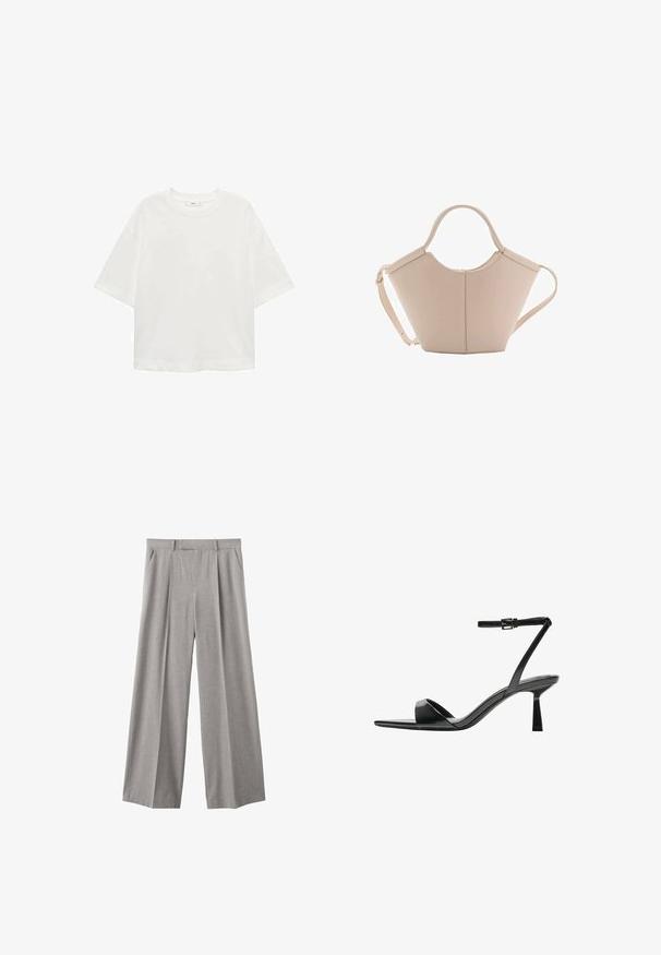 Bijela majica kratkih rukava s okruglim izrezom, ležernog kroja, izrađena od mekanog materijala. Bez uzoraka ili dodataka, s klasičnom rubnom završetkom.; Svijetlosive široke hlače izrađene od tkanine. Imaju prednje nabore, uski pojas i bočne džepove.; Bershka Sandale s visokom petom - black; Bež kožna torba jedinstvenog oblika, s dva kratka ručka i dugom podesivom trakom. Glatka tekstura s minimalnim metalnim dodacima.