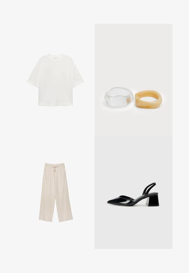 T-shirt bianco a maniche corte con scollo rotondo, vestibilità comoda, realizzato in un tessuto morbido. Senza fantasie o dettagli, con orlo standard.; Pantaloni larghi in lino beige, con vita regolabile, due tasche laterali e un tessuto leggermente testurizzato per traspirabilità e comfort.; Décolleté in vernice nera con punta affusolata e tacco in geometria cubica. Presentano un design elegante e minimalista, con una texture liscia.; Anelli in resina trasparente e ambra, uno liscio e trasparente, l'altro con una finitura testurizzata in ambra. Entrambi presentano un design rotondo e corposo.