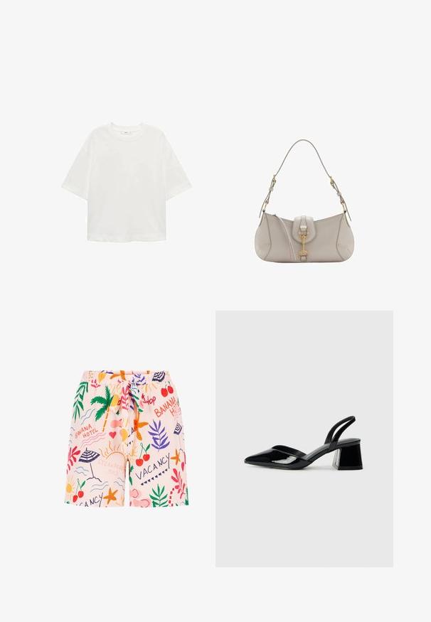 Bijela majica kratkih rukava s okruglim izrezom, ležernog kroja, izrađena od mekanog materijala. Bez uzoraka ili dodataka, s klasičnom rubnom završetkom.; Svijetloružičaste kupaće gaće s razigranim uzorkom koji prikazuje palme, suncobrane, trešnje i grafike povezane s odmorom, s podesivim strukom.; Crne lakirane kožne sandale s otvorenom petom i špicastim vrhom, s geometrijskom blok petom. Imaju elegantan, minimalistički dizajn i glatku teksturu.; Svijetlosiva kožna torba s zakrivljenim oblikom, zlatnim hardverom, prednjim kopčanjem i prošivenim detaljima. Uključena je podesiva naramenica.