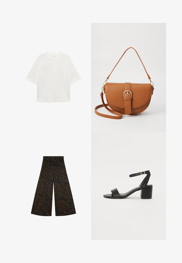 White short-sleeve t-shirt with a round neck, relaxed fit, made of soft fabric. No patterns or accents, featuring a standard hemline.; Wide-leg trousers in black fabric featuring an all-over geometric pattern in orange, green, and yellow shapes. Smooth texture, high waist.; Black heeled sandal featuring a smooth leather upper, an open toe, wide front straps, and adjustable ankle strap with a gold buckle detail.; Brown leather crossbody bag with a curved shape, gold hardware, and a buckle accent. Features a detachable shoulder strap.