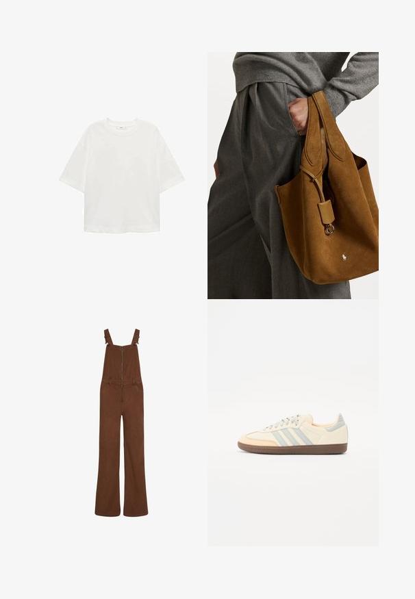 Biela krátkorpávová tričko s okrúhlym výstrihom, vo voľnom strihu, vyrobené z mäkkého materiálu. Bez vzorov a akcentov, so štandardným lemom.; Hnedé kordové široké nohavice s predným zipsom a nastaviteľnými ramennými popruhmi, ktoré majú pútka na opasok a dve predné vrecká.; Tenisky s krémovým koženým zvrškom, svetlomodrými pruhmi a broskyňovými akcentmi. Majú štruktúrovanú hnedú gumovú podrážku a minimalistický dizajn.; Hnedá semišová taška s okrúhlym tvarom, dvojitými uchami a kovovým detailom. Na prednej strane je malá značka.