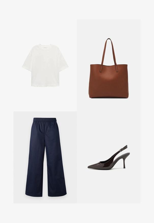 Biela krátkorpávová tričko s okrúhlym výstrihom, vo voľnom strihu, vyrobené z mäkkého materiálu. Bez vzorov a akcentov, so štandardným lemom.; Široké nohavice v temne námornickej modrej farbe, so elastickým pásom, hladkou štruktúrou a bez viditeľných zapínaní alebo vreciek.; Slingback vysoké opätky v lesklej tmavohnedej lakovej koži, so špicatou špičkou, otvorenými stranami a nastaviteľným remienkom na členku.; Hnedá kožená taška na rameno s hladkou textúrou, otvoreným vrchom a dvoma ramenými popruhmi. Má minimálne šitia a žiadne viditeľné kovania.