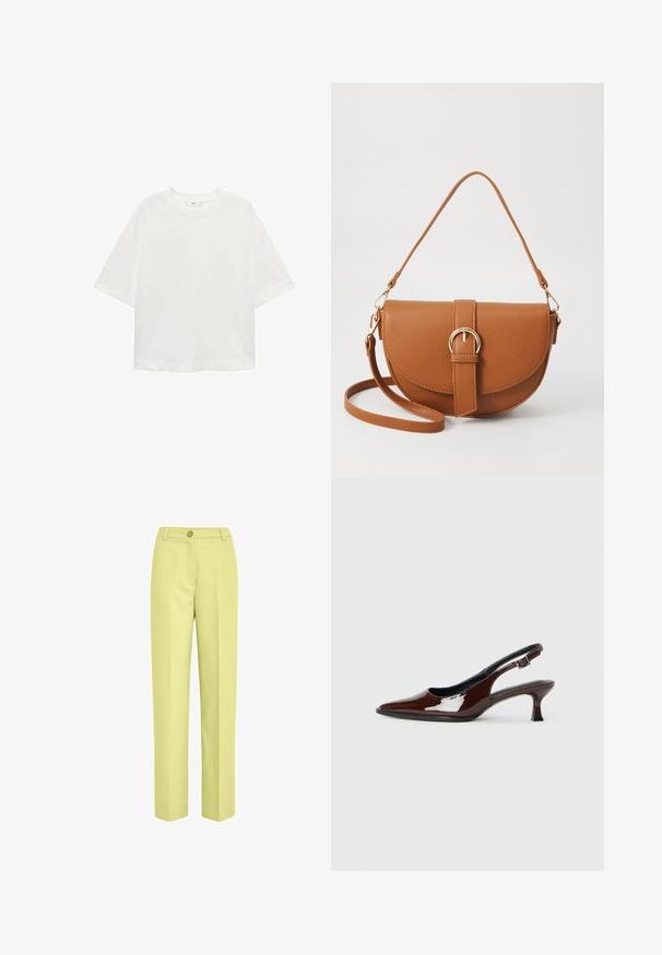 White short-sleeve t-shirt with a round neck, relaxed fit, made of soft fabric. No patterns or accents, featuring a standard hemline.; Light yellow wide-leg trousers made of smooth fabric, featuring a single button closure and a flat front design.; Brown patent leather slingback shoe with a pointed toe and a moderate heel. Features a buckle strap for secure fit. Smooth texture.; Brown leather crossbody bag with a curved shape, gold hardware, and a buckle accent. Features a detachable shoulder strap.