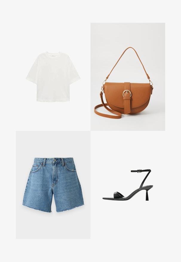 Bijela majica kratkih rukava s okruglim izrezom, ležernog kroja, izrađena od mekanog materijala. Bez uzoraka ili dodataka, s klasičnom rubnom završetkom.; Abercrombie & Fitch CURVE LOVE SHORT - Kratke hlače od trapera - light blue denim; Bershka Sandale s visokom petom - black; Smeđa kožna torba preko tijela s zakrivljenim oblikom, zlatnim metalnim detaljima i naglaskom na kopču. Ima odvojivu naramenicu.