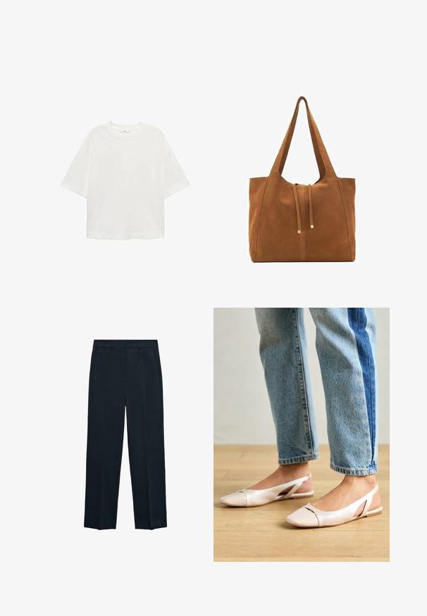 Bijela majica kratkih rukava s okruglim izrezom, ležernog kroja, izrađena od mekanog materijala. Bez uzoraka ili dodataka, s klasičnom rubnom završetkom.; Mornarsko plave hlače s ravnim nogavicama, ravnim prednjim dijelom, dva bočna džepa i glatkom teksturom. Nema vidljivih uzoraka ili akcenta.; Svijetlo ružičaste slingback balerinke s šiljastim vrhom, izrađene od glatkog materijala nalik koži. Sadrže izrezane detalje sa strane i ravnu petu.; Smeđa antilop torba za ruke s dva duga remena, zatvaranje na vezicu i minimalistički dizajn. Glatka tekstura i bez vidljivih metalnih elemenata.