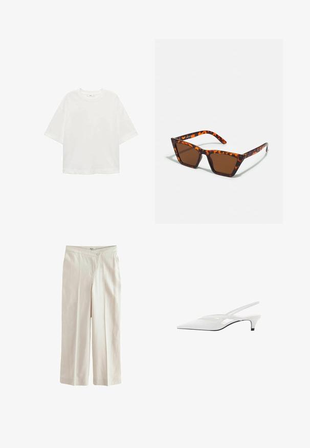 Bela kratka majica s kratkimi rokavi in okroglim izrezom, sproščenega kroja, narejena iz mehkega materiala. Brez vzorcev ali dodatkov, z običajnim robom.; Next ASYMETRIC WAITBAND TAILORED WIDE LEG - Hlače - neutral; Bela slingback peta z ošiljenim nosom, z gladkim zgornjim delom, subtilnimi izrezi in nizkim blok petkom. Črna podplat poudarja dizajn.; Sončna očala rjave barve s vzorcem ščurjenja, kotno obliko in ozkimi ročaji. Lahka plastična material.; Bela torbica z gladko, sijajno površino, ukrivljeno obliko in enim nastavljivim trakom. Ima logotip vtisnjen spredaj.