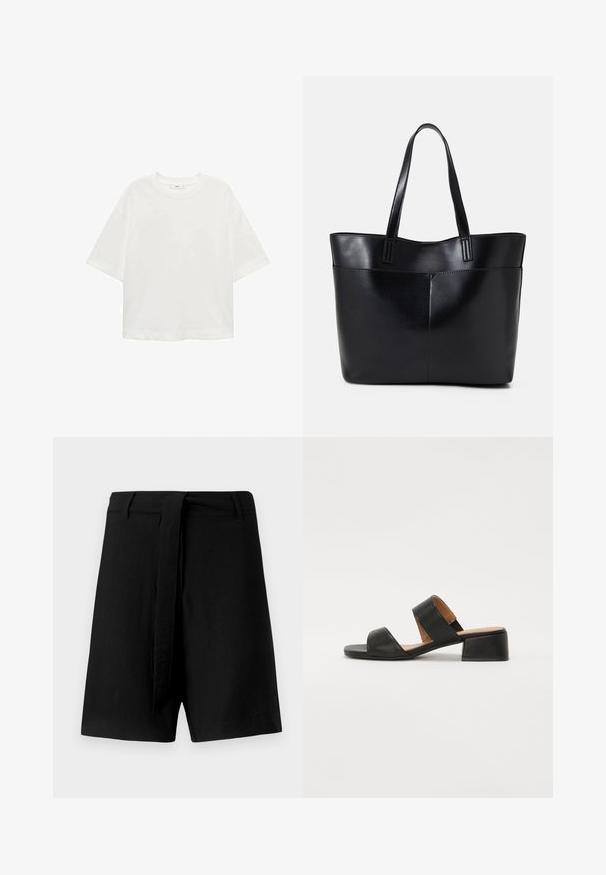Biela krátkorpávová tričko s okrúhlym výstrihom, vo voľnom strihu, vyrobené z mäkkého materiálu. Bez vzorov a akcentov, so štandardným lemom.; Čierne ľanové šortky s vysokým pásom, s látkovým opaskom a bočnými vreckami, hladkou textúrou a voľným strihom.; Čierne kožené sandále s dvoma širokými remienkami cez nohu, štvorcovou špičkou a nízkym blokovým podpätkom. Hladká textura a minimalistický dizajn.; Čierna kožená tote taška s dvoma dlhými rúčkami, hladkým povrchom a štruktúrovaným tvarom. Obsahuje prednú kapsu pre dodatočné uskladnenie.