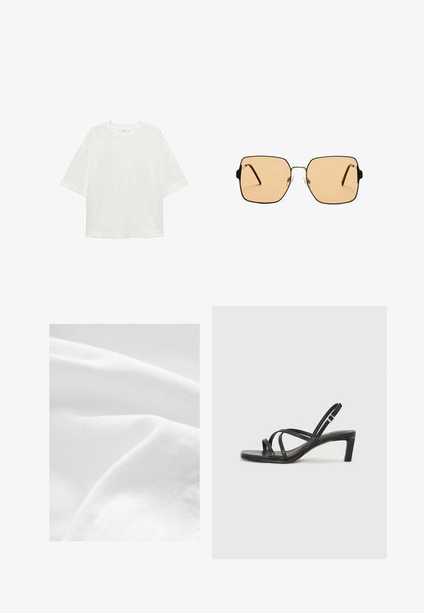 Biela krátkorpávová tričko s okrúhlym výstrihom, vo voľnom strihu, vyrobené z mäkkého materiálu. Bez vzorov a akcentov, so štandardným lemom.; Biely bavlnený materiál s hladkým, mierne textúrovaným povrchom, vykazuje jemné záhyby a vrásky. Svetlo sa na látke jemne odráža.; Čierne sandále na vysokom podpätku so štvorcovou špičkou a nízkym blokovým podpätkom. Obsahujú viacero tenkých popruhov a nastaviteľný členkový popruh. Vyrobené z hladkej kože.; Štvorcové slnečné okuliare s hnedými sklami a tenkým čiernym kovovým rámom. Vlastnosti zahŕňajú šikmé ramienka a nastaviteľné nosové podložky pre väčšie pohodlie.; Čierna kožená crossbody taška s hladkou textúrou, obdĺžnikovým tvarom a kovovým reťazovým detailom na prednej strane. Súčasťou je nastaviteľný popruh.