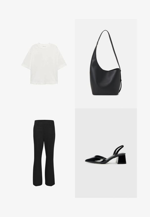 Bijela majica kratkih rukava s okruglim izrezom, ležernog kroja, izrađena od mekanog materijala. Bez uzoraka ili dodataka, s klasičnom rubnom završetkom.; Crne hlače od glatkog materijala, s ravnim nogavicama, ravnim prednjim dijelom i bočnim džepovima. Bez vidljivih uzoraka ili dodataka.; Crne lakirane kožne sandale s otvorenom petom i špicastim vrhom, s geometrijskom blok petom. Imaju elegantan, minimalistički dizajn i glatku teksturu.; Crna kožna hobo torba s glatkom teksturom, zakrivljenim oblikom i jednom podesivom trakicom; ima širok otvor na vrhu.