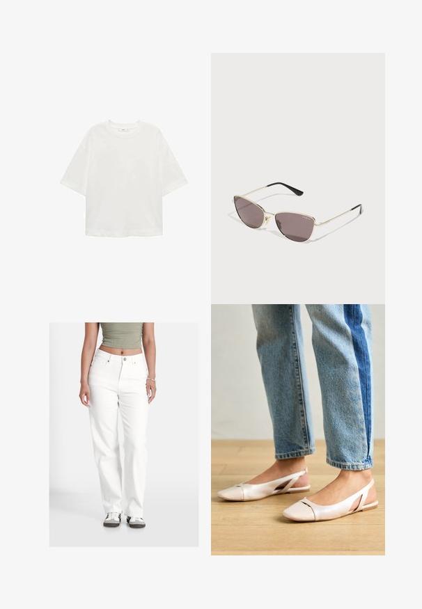 Tricou alb cu mânecă scurtă, guler rotund, croială lejeră, fabricat dintr-un material moale. Fără modele sau accente, având o linie de tiv standard.; Jeanși din denim alb, cu o croială lejeră, având închidere cu nasture, cinci buzunare și o suprafață ușor texturată. Asortați cu încălțăminte casual.; Sandalete plate de un roz pal cu vârf ascuțit, realizate dintr-un material asemănător pielii, neted. Prezintă detalii decupate pe laterale și un toc plat.; Ochelari de soare tip cat-eye cu un cadru din metal auriu, lentile întunecate de culoare gri și vârfuri negre pentru brațe, având un logo pe lentilă.; Geantă structurată albă, cu mânere scurte și curea de umăr, având accente din metal aurit și material texturat, expusă pe un fundal gri.
