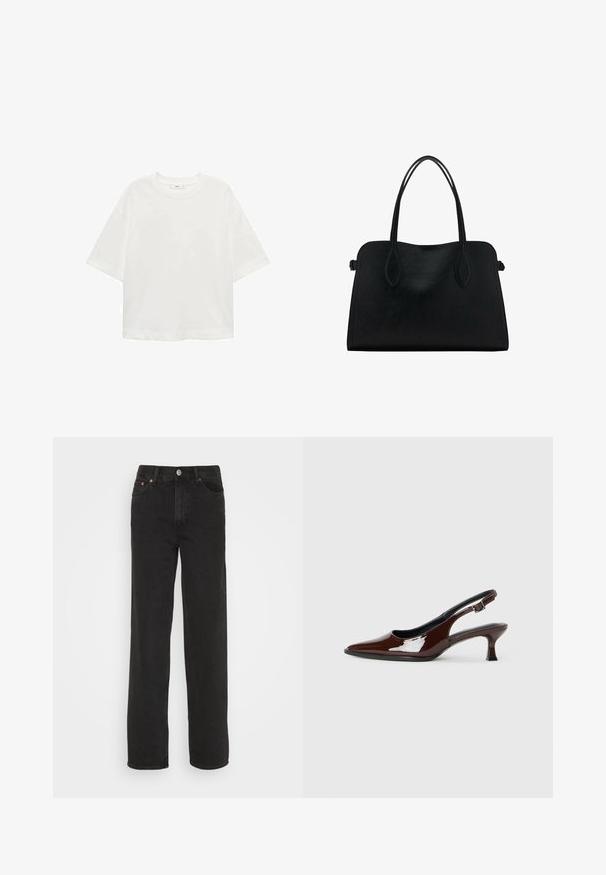 Tricou alb cu mânecă scurtă, guler rotund, croială lejeră, fabricat dintr-un material moale. Fără modele sau accente, având o linie de tiv standard.; Jeans negri, cu croi drept, cu cinci buzunare, închidere cu buton în față și urechi pentru curea, prezentate pe un fundal alb.; Pantofii slingback din piele patent maro, cu vârful ascuțit și un toc moderat. Prezintă o curea cu prindere pentru o potrivire sigură. Textură netedă.; Geantă din piele neagră cu două mânere pentru umăr, formă rectangulară și design minimalistic pe un fundal alb.