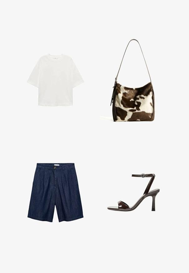 Biela krátkorpávová tričko s okrúhlym výstrihom, vo voľnom strihu, vyrobené z mäkkého materiálu. Bez vzorov a akcentov, so štandardným lemom.; Tmavomodré denimové šortky s rovný strihom, prednými záhybmi, zapínaním na gombík a dvoma bočnými vreckami. Hladká textúra s jemným prešívaním.; Hnedé lakované sandále na vysokom opätku s remienkom okolo členka, otvorenou špičkou a elegantným, minimalistickým dizajnom. Obsahujú štvorcovú pätu.; Hnedo-krémová kravská koža cez plece s hladkým koženým remienkom, zipsovým uzáverom a mäkkým, textúrovaným povrchom s prírodným vzorom.