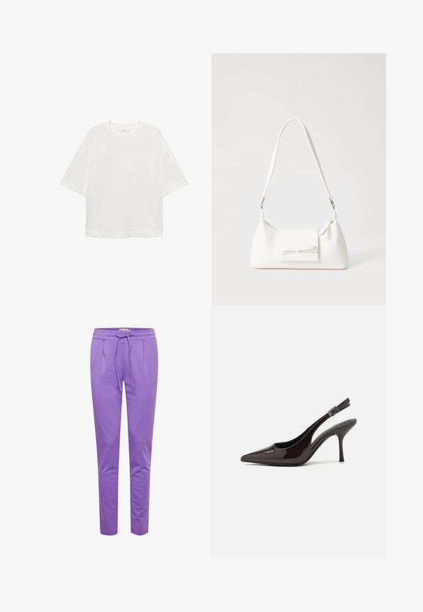 Weißes T-Shirt mit kurzen Ärmeln, Rundhals, lässiger Schnitt aus weichem Material. Keine Muster oder Akzente, mit einem Standard-Saum.; ICHI IHKATE PA2 - Jogginghose - chive blossom; Slingback-Pumps aus glänzendem dunklen braunen Lackleder, mit spitzer Zehenpartie, offenen Seiten und verstellbarem Knöchelriemen.; Weiße synthetische Handtasche in dreieckiger Form, flache Vorderklappe und Schleifendetail, verstellbarer Trageriemen, glatte Textur und minimalistisches Design.