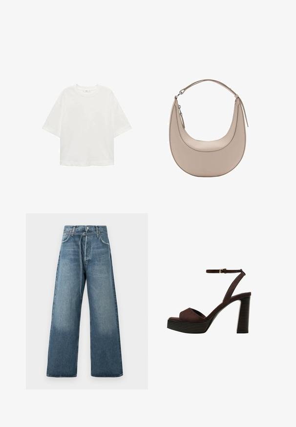 Tricou alb cu mânecă scurtă, guler rotund, croială lejeră, fabricat dintr-un material moale. Fără modele sau accente, având o linie de tiv standard.; Jeans cu pantaloni largi, de culoare albastră, cu un ton estompat, realizate din denim cu accente de cusătură vizibile și închidere prin buton la talie.; Sandal cu toc înalt din suede maro, cu vârf deschis, curea ajustabilă la gleznă și talpă cu dungi.; Geantă de umăr din piele bej, cu o formă de semilună, textură netedă și un singur mânere curbat. Dispune de o închidere cu fermoar și cusături bine realizate.