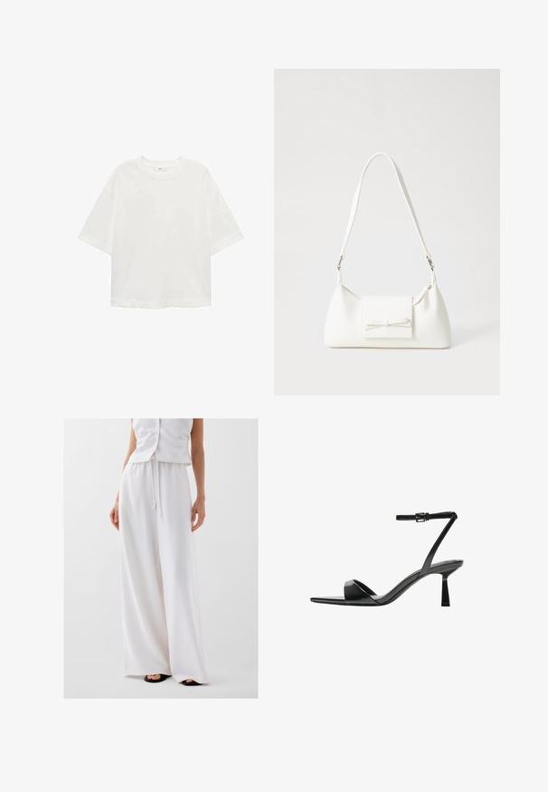 T-shirt bianco a maniche corte con scollo rotondo, vestibilità comoda, realizzato in un tessuto morbido. Senza fantasie o dettagli, con orlo standard.; Pantaloni bianchi a gamba larga realizzati in un tessuto leggero, con vita regolabile e una texture liscia e fluida. Senza motivi o dettagli.; Bershka Sandali con tacco - black; Borsa sintetica bianca a forma triangolare, con patta anteriore piatta e dettaglio a fiocco, tracolla regolabile, texture liscia e design minimalista.