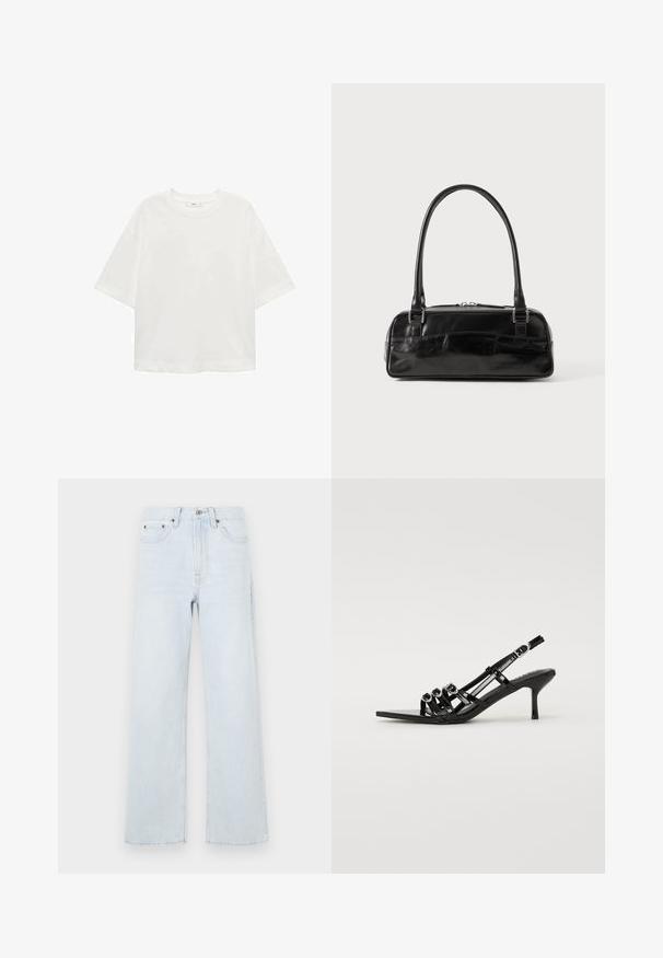 Tricou alb cu mânecă scurtă, guler rotund, croială lejeră, fabricat dintr-un material moale. Fără modele sau accente, având o linie de tiv standard.; Blugi din denim de culoare albastru deschis, cu un design cu picioare largi, având închidere cu nasture, cinci buzunare și detalii de cusătură subtile.; Pantofii cu toc înalt, slingback, de culoare neagră, cu vârful ascuțit, având mai multe curele subțiri și accente circulare în partea din față.; Geantă de mână din piele neagră, cu o formă rectangulară, având un singur maner structurat, accesorii din argint și închidere cu fermoar. Textură netedă.