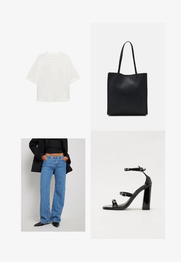 Bela kratka majica s kratkimi rokavi in okroglim izrezom, sproščenega kroja, narejena iz mehkega materiala. Brez vzorcev ali dodatkov, z običajnim robom.; Široke modre jeans hlače z visokim pasom, surovimi robovi in kontrastnim šivanjem. Ujemajo se z črno majico in blazerjem ter črnim obutvijo.; Črne lakirane sandale s peto, kvadratnim prstom, trakovi okrog gležnja in srebrnimi zaponkami. Opremljene so s stabilno Debelo peto.; Črna usnjena torba s svilnato teksturo, pravokotne oblike in dvema dolgima ročajema. Brez vidnih metalnih delov ali okrasnih elementov.
