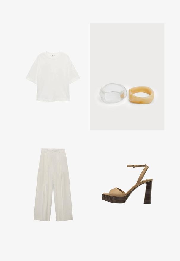 Weißes T-Shirt mit kurzen Ärmeln, Rundhals, lässiger Schnitt aus weichem Material. Keine Muster oder Akzente, mit einem Standard-Saum.; Beiger weit geschnittene Hose mit vertikalen weißen Streifen. Sie hat eine hohe Taille, eine gefaltete Vorderseite und eine glatte Textur.; Beige Wildleder-Pumps mit hohem Absatz, breitem Vorderband und Knöchelriemen, ausgestattet mit einem klobigen Holzblockabsatz mit strukturiertem Finish.; Klare und bernsteinfarbene Harzringe, einer glatt und transparent, der andere mit einer strukturierten, bernsteinfarbenen Oberfläche. Beide haben ein abgerundetes, massives Design.