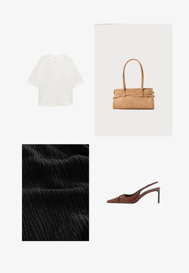 T-shirt blanc à manches courtes avec un col rond, coupe décontractée, fabriqué en tissu doux. Sans motifs ni accents, avec un ourlet standard.; Tissu noir froissé avec une surface texturée, présentant de profonds reliefs et des nuances variées, créant une apparence dimensionnelle.; Talons hauts slingback en cuir marron avec une pointe pointue, un détail découpé au niveau du coup de pied, et un talon aiguille élégant. Texture lisse.; Sac en daim beige avec deux longues poignées, de forme rectangulaire et avec des coutures décoratives. Dispose d'une bandoulière et de subtils accents en métal doré.